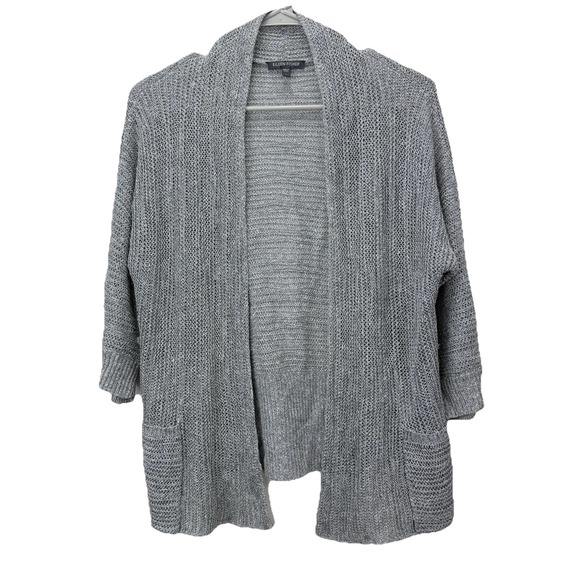 Eileen Fisher Gray Linen Silk 3/4 Sleeve Pockets Open Cardigan Sweater SMALL - Picture 1 of 10